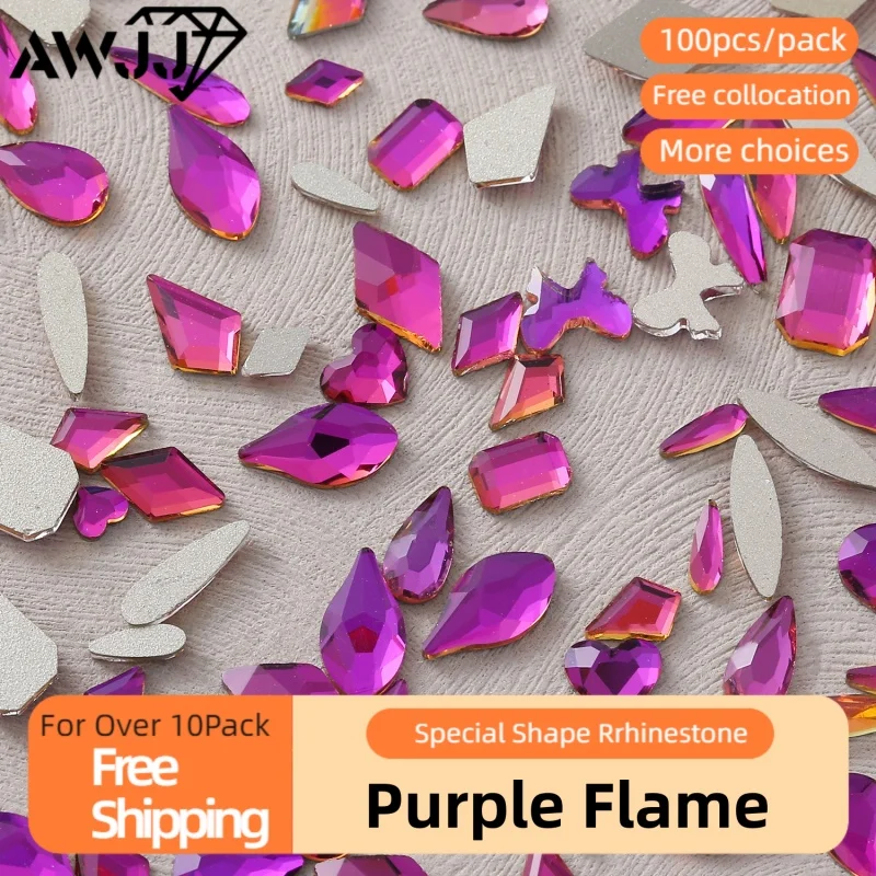 100pcs Purple Flame Gradient Various shapes Self-Adhesive Precision-cut Nail Art Rhinestones Skilled Choice Eco-Friendly & Safe