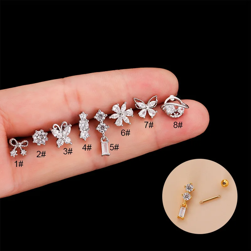 1PC Korean Hollow Bowknot Stud Earrings Stainless Steel CZ Cartilage Dangle Earrings Helix Tragus Snug Earring Piercing Jewelry