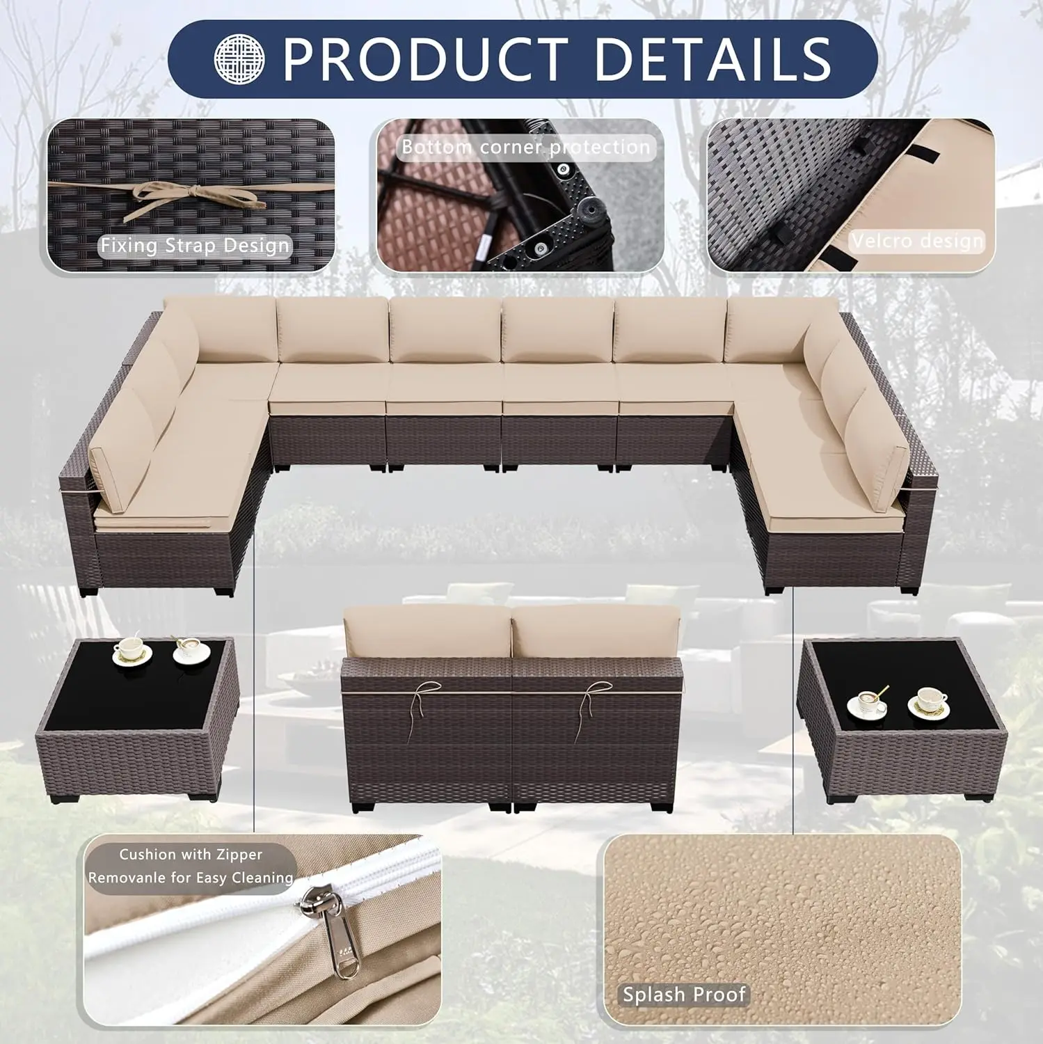 PE Rattan Outdoor Patio Móveis Set, Sofá secional, Pátio Conversação Set, Top de vidro temperado, mesa e almofadas, 14 Pcs