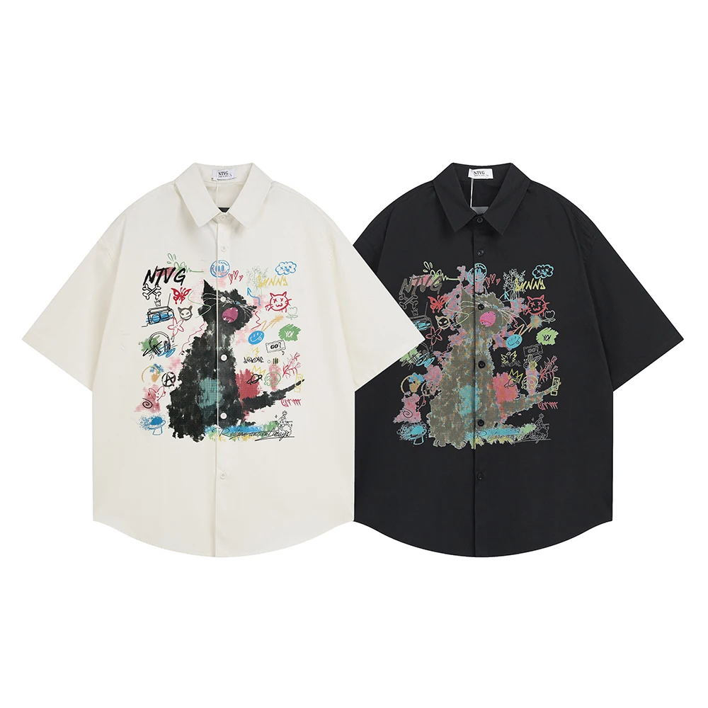 Kawaii Cat Print Men's Shirts Y2k Long Sleeve Shirt Anime Tops Oversized T Shirt Korean Popular Japanese Style Designer Clothing