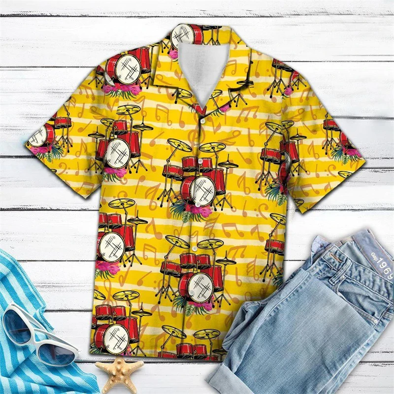 

Summer Drum Printed Short-sleeved Shirt For Men Hawaiian Holiday Party Shirts Camisa 2024 New Fashion Lapel Oversized Blouse 4XL