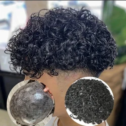 20mm Curly Brown Black Grey Super Durable Thin Skin Full PU Toupee Mens Wigs Human Hair Capillary Prosthesi Replacement For Male