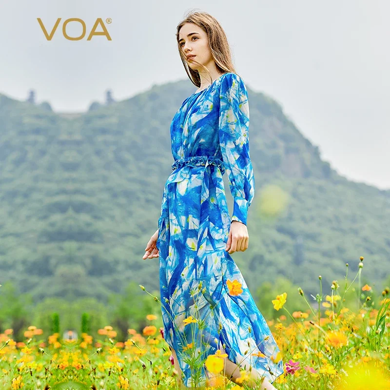 

VOA Silk Georgette Starry Blue Round Neck with Asymmetric Front Short and Back Long Loose Waistband Two Straight Dress AE2269