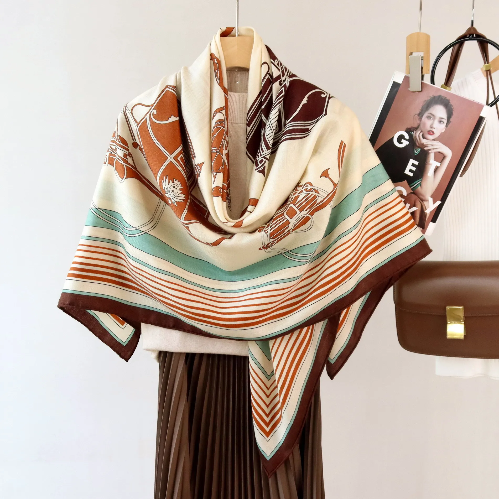 High-end and Elegant Women Fine Seal Book Collection Chapter Print Quality Silk Wool Hand-rolled Edge Large Square Scarf Shawl