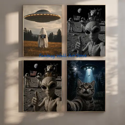 Pôster Engraçado de Alienígena UFO, Pôster Surreal de Gato em Preto e Branco, Pôster Estético Espacial, Pintura em Tela para Decoração de Parede