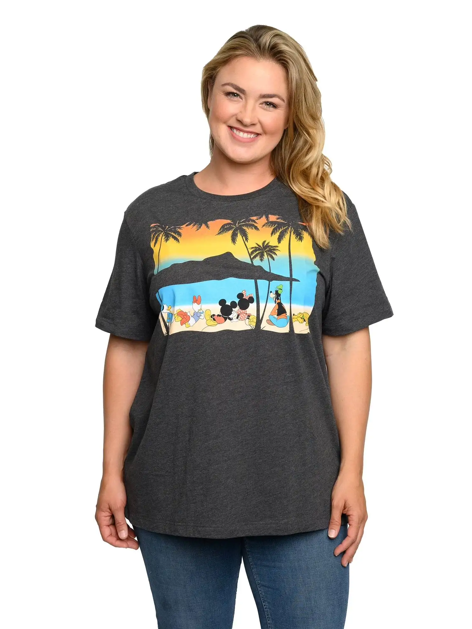 

Футболка с рисунком Disney Mickey Beach Party, пальма, закат, дизайн, персонаж мультфильма, женские повседневные топы из хлопка