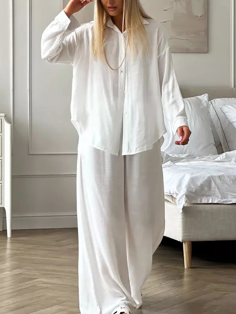 Linad Loose Pajamas For Women 2 Piece Sets Casual Long Sleeve Sleepwear Female Trouser Suits 2024 Summer Casual Nightwear Solid