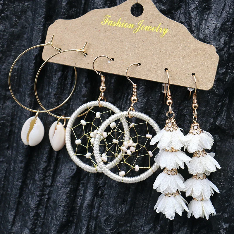 3-Piece earring set Korean version of creative personality gold shell dream catcher flower earrings accessories hot