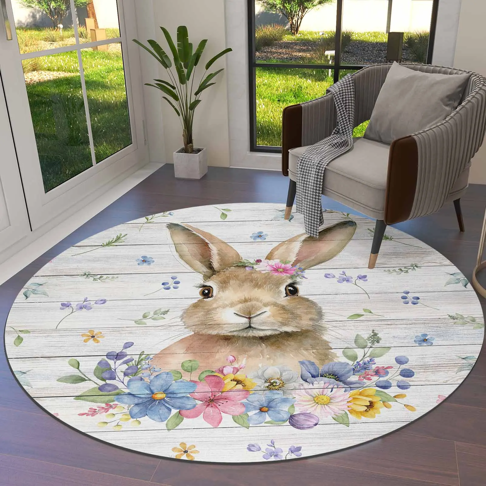 

Easter Flower Egg Rabbit Round Area Rug Carpets For Living Room Large Mat Home Bedroom Kid Room Decoration