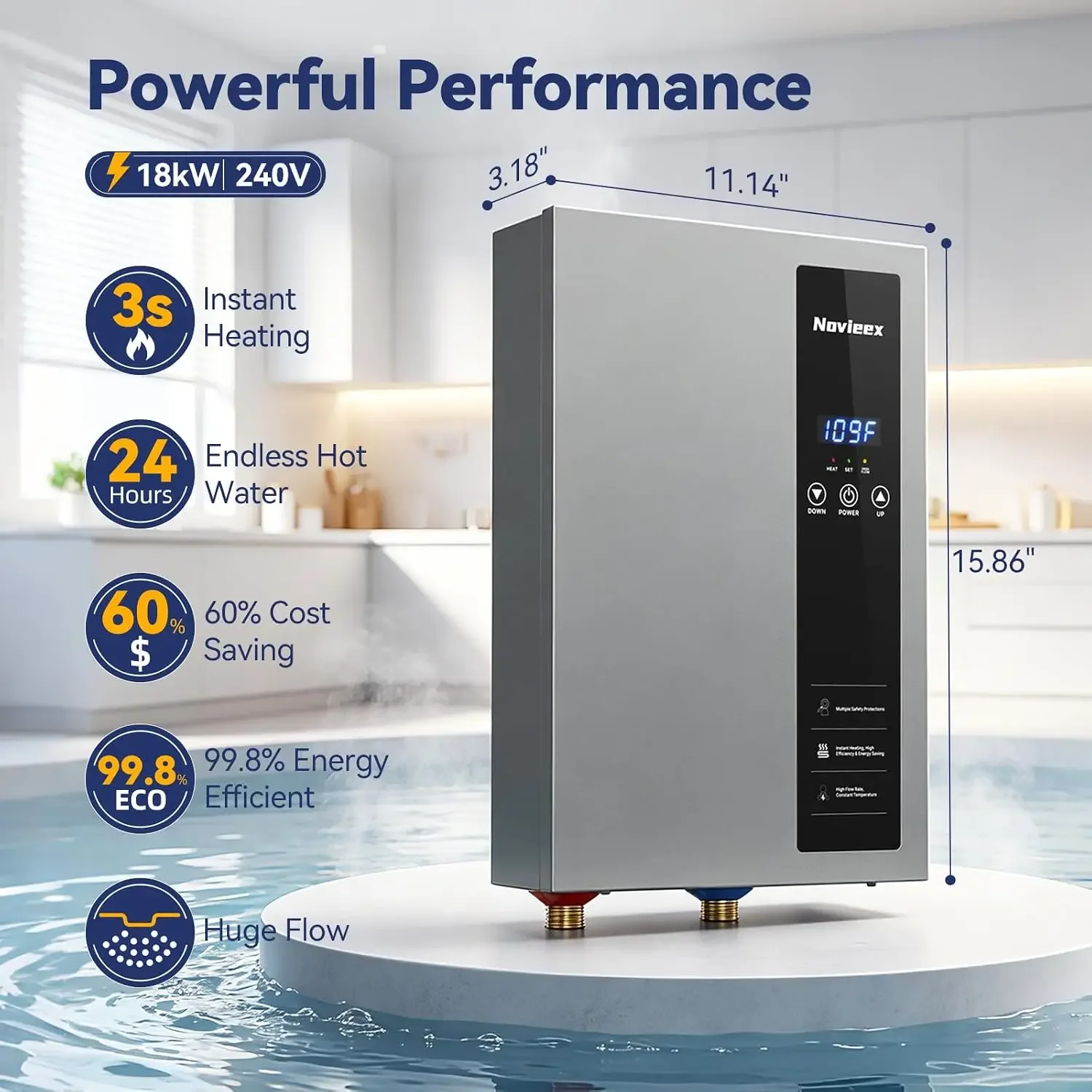 18kW Tankless Water Heater Electric, 240V 3s Instant Hot Water Heater, Flow Rate Max 4.9 GPM, Supply for 2-3 Points, Indoor Inst