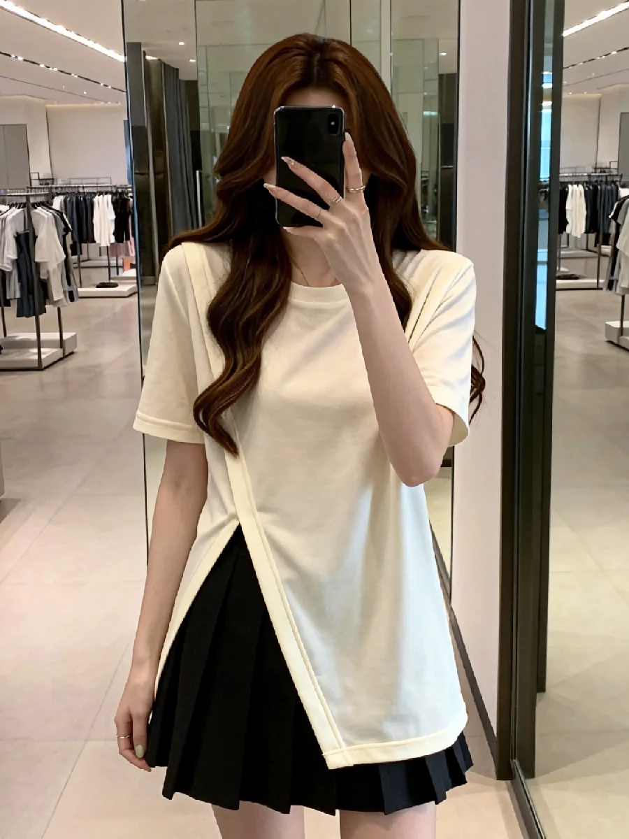 

plus Size Unique Asymmetrical Slit Short Sleeve Fashion T-Shirt Women's Summer Top Breathable Skin-Friendly round Neck Tee