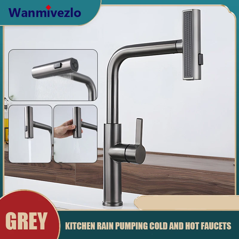 Wanmivezlo Kitchen Faucet Big Waterfall Spout Pull Out Sprinkler Single Handle Deck Mount Cold Hot Faucet