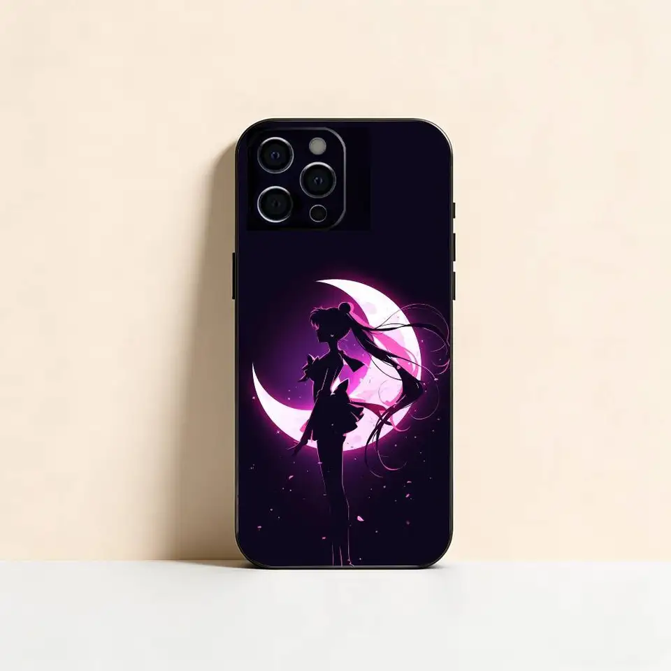 Funda de silicona suave negra para iPhone 17,16,15,14,13,12,11 Plus,Pro Max,XS, diseño S-Sailor M-Moons 2