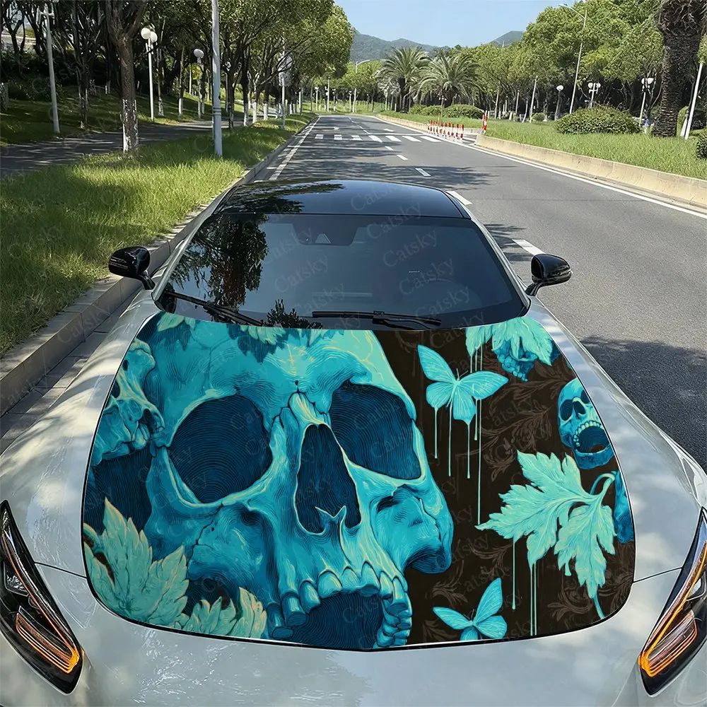 

Butterflies Perched on Teal Skulls Car Vinyl Wrap, PVC Waterproof Car Hood Sticker, Self-Adhesive Scratch-Resistant Stickers