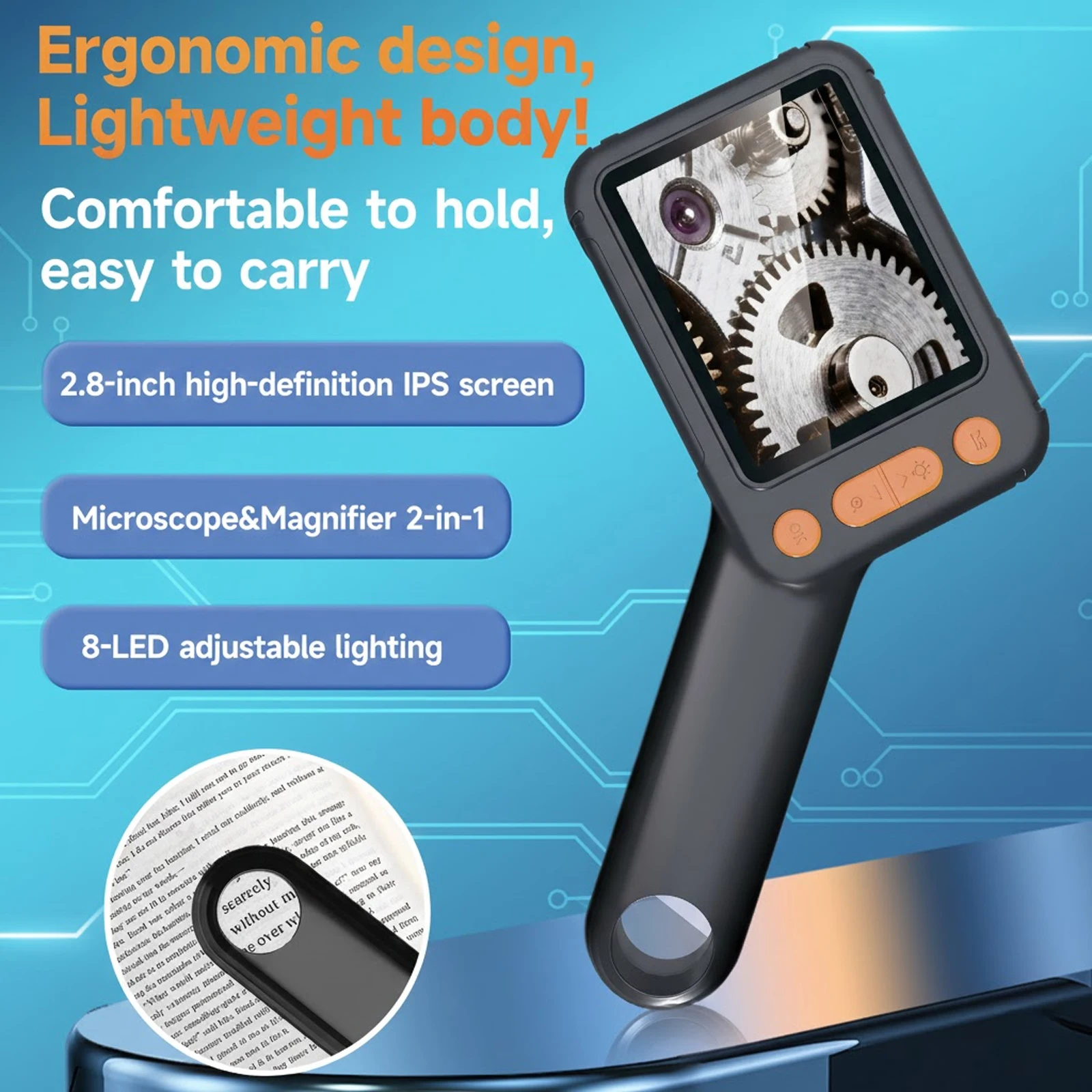 2.8 Inch Digital Microscope for Kids Adults IPS Screen 500X Magnification 4 Level LED Light Compatible with Windows Mac OS