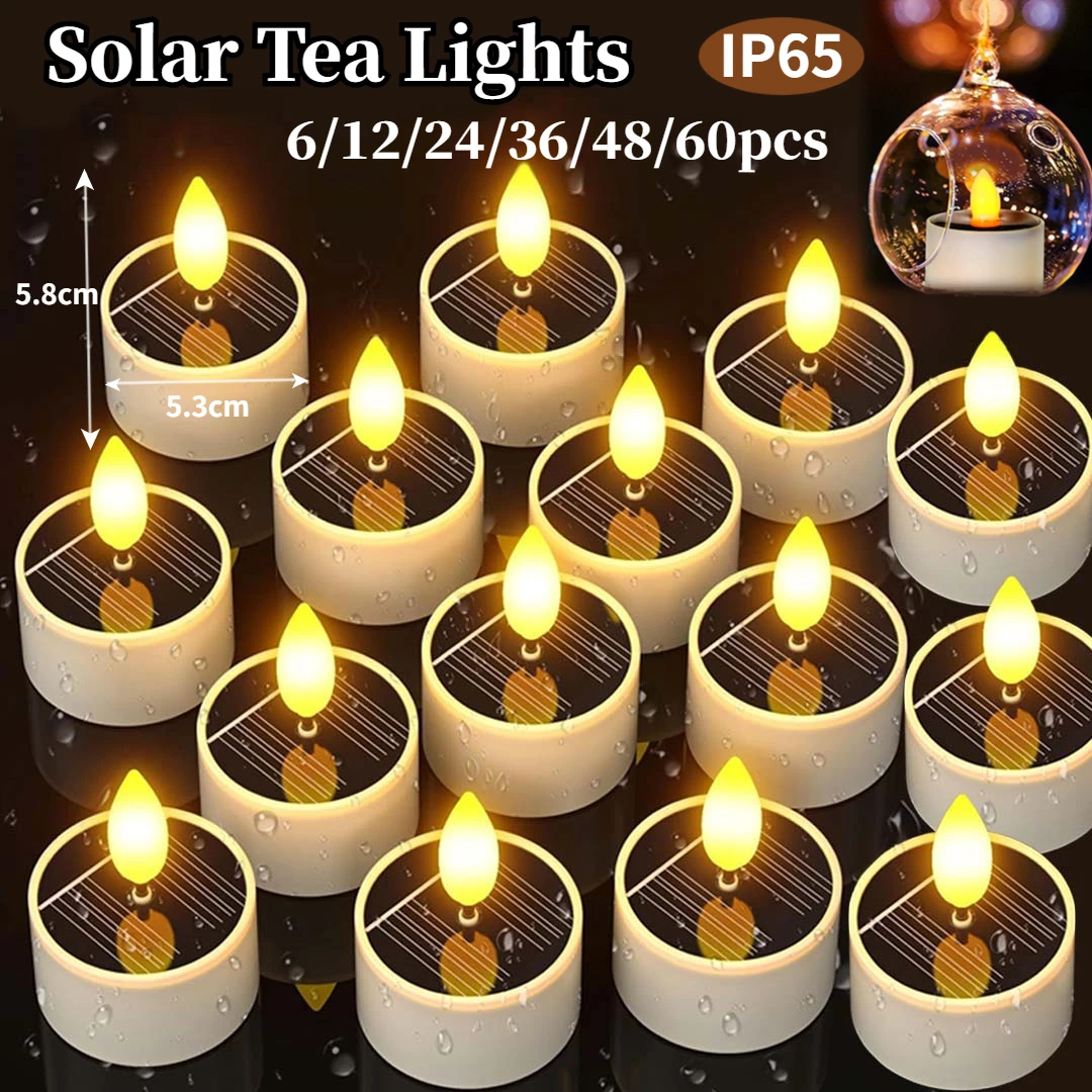6-60PCS Solar Candles Outdoor Waterproof  LED Tea Lights Reusable Dusk to Dawn Flickering Flameless Candles for Lantern Garden