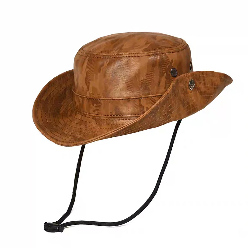 Unisex Genuine Leather Bucket Hats Fisherman Caps Easy Carry Street Bonnet  Youth Outdoor hiking hat Windproof Rope Warm