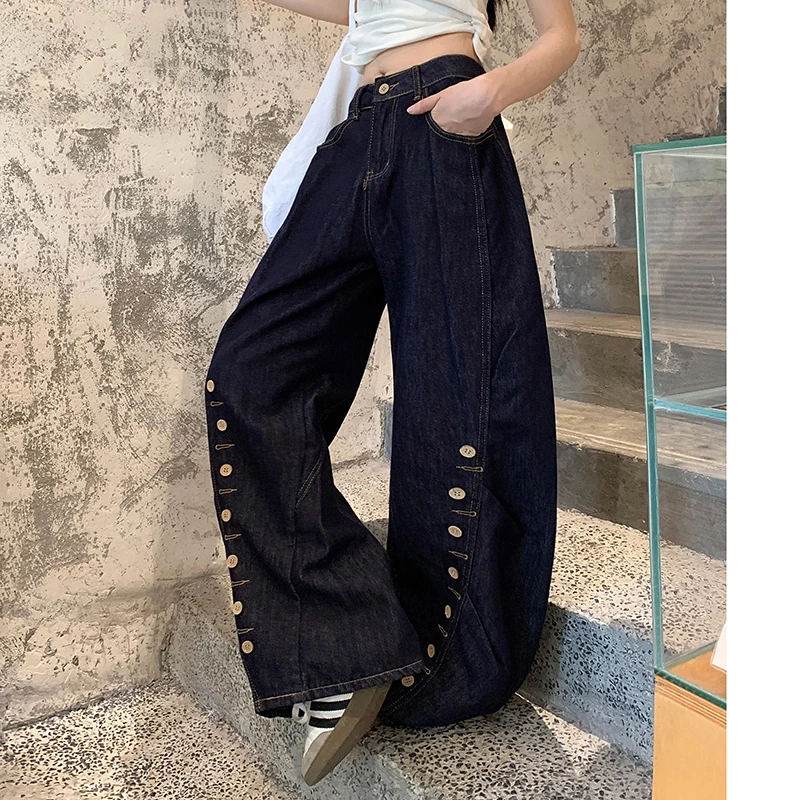 Washed Button-shaped Crescent-shaped Jeans Women Street Loose Casual Denim Pants Trendy Y2K Harajuku Jeans