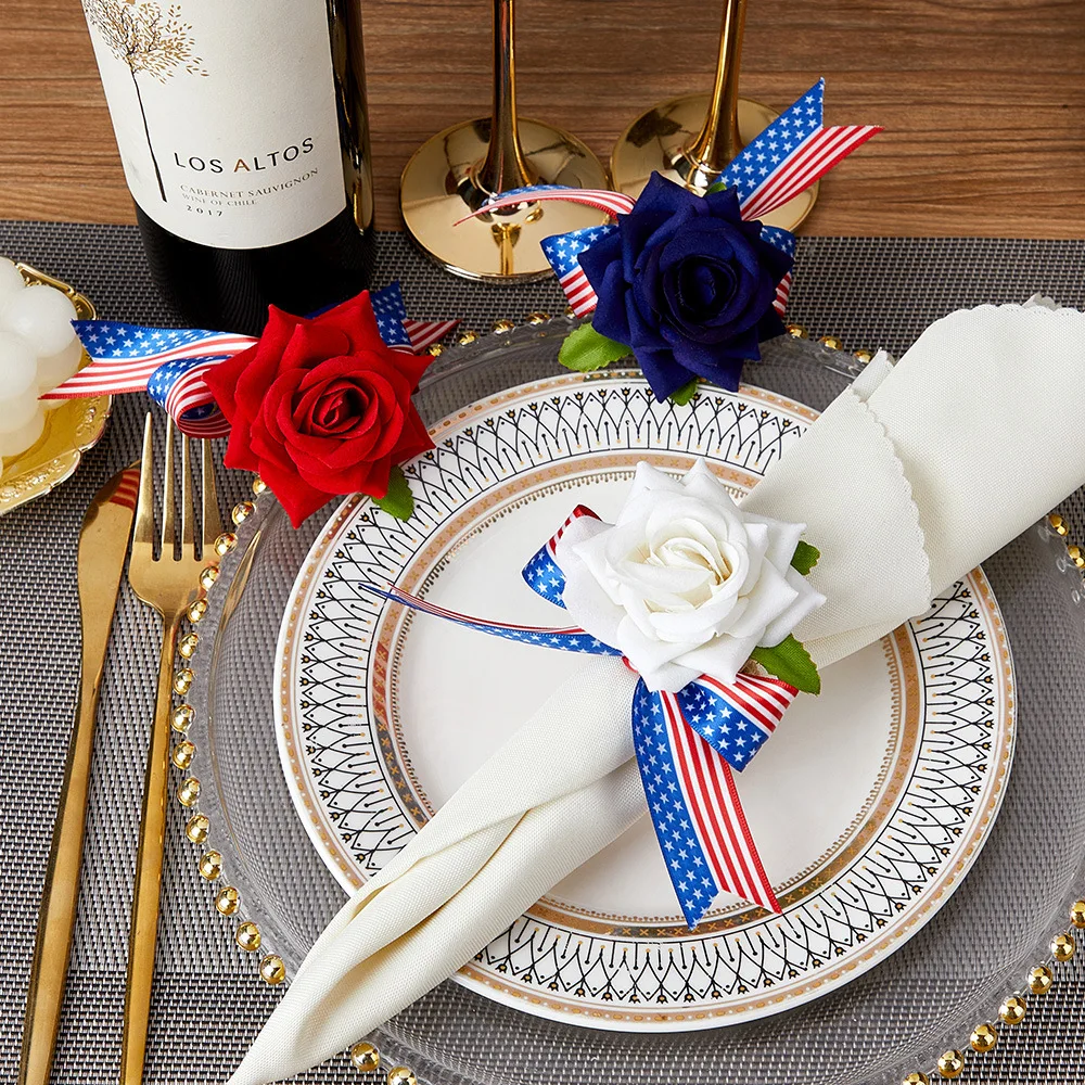 

6pcs Artificial Flower Holder Napkin Rings for Independence Day Festival Table Decoration Party Home Banquet Dinner Supplies