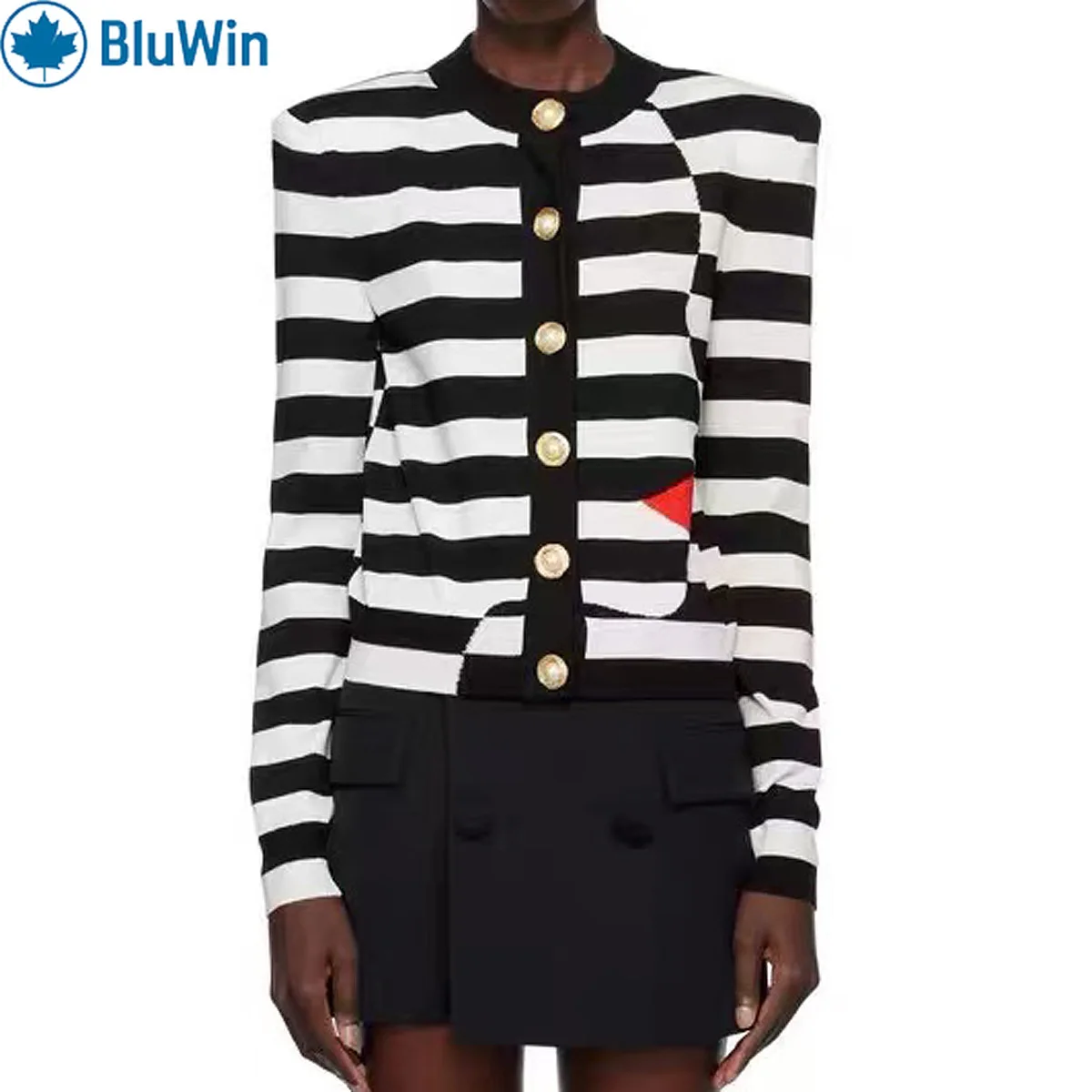 BluWin Striped Art Face Cardigan Women - Crew Neck Gold Buttons Black White Knit Sweater Red Lips Pattern Chic