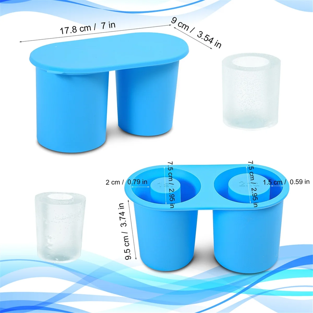 A71P Silicone Ice Square Tray and Mold 30 40 Oz for Making 2 Hollow Cylinder Ice Square Molds Reusable for Drinks, Light Blue