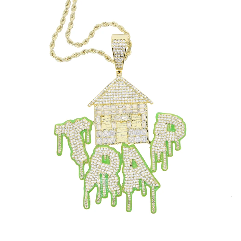 Hip Hop Luminous Cz House Pendant Link Chain Dripping Glow In The Dark Bling Zirconia Iced Out Necklace for Men Women Jewelry