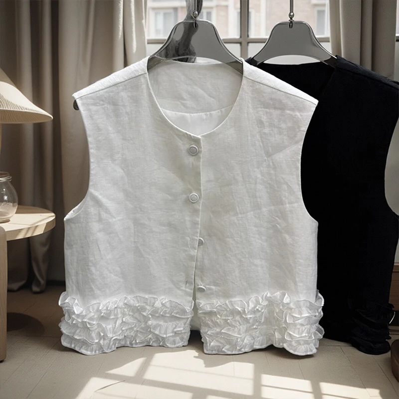 

Early Spring 2025 Korean Sle Slimming Lace Trim Linen Vest Top Layering Women's Faion Commute round Ne Single Button