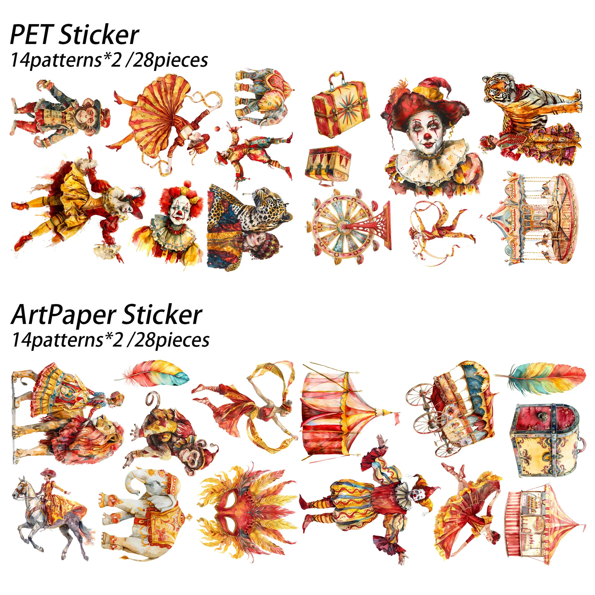 56 Stück-68 Stück PET- und Kunstdruckpapier mit Zirkusmotiv, selbstklebendes ästhetisches Aufkleberpaket, für Kunsthandwerk, DIY-Dekoraufkleber, Clip-Art – Detail 2
