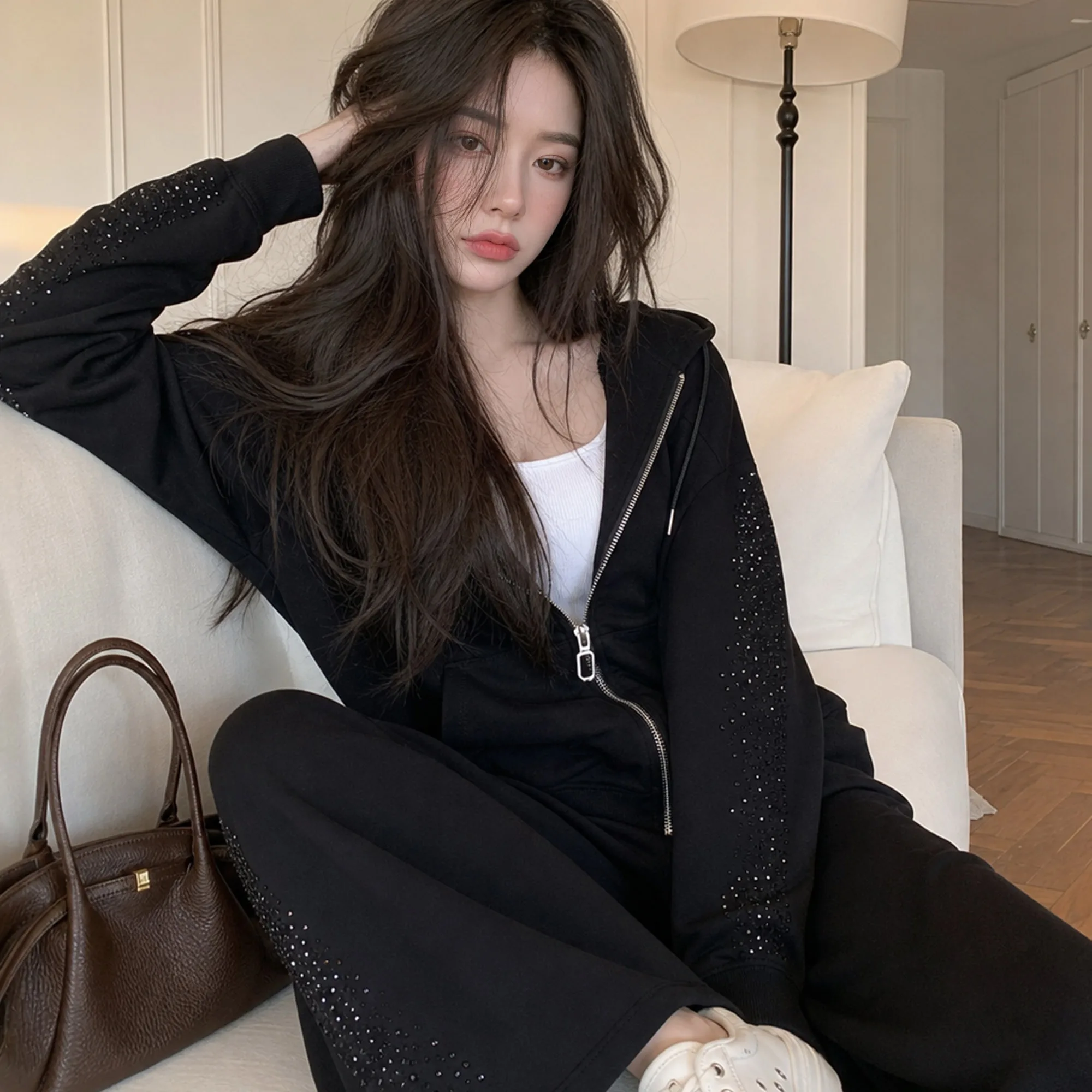 Rhinestone Hoodie Sweatshirt Set Autumn Casual 2 Piece Outfits Loose Draped Wide Leg Pants Tracksuit Sports Loungewear DM3CSE009