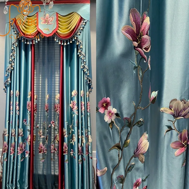 

Chinese Style Peacock Blue Embroidered Window Screen Lustrous Curtains for Living Room Bedroom Villa French Window Customized