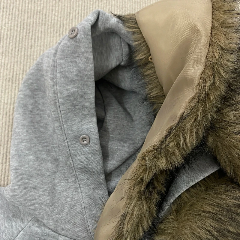 Y2k outono inverno moda americana botões destacáveis aba de pelúcia com capuz carta impressão arte feminina solta manga comprida casaco casual