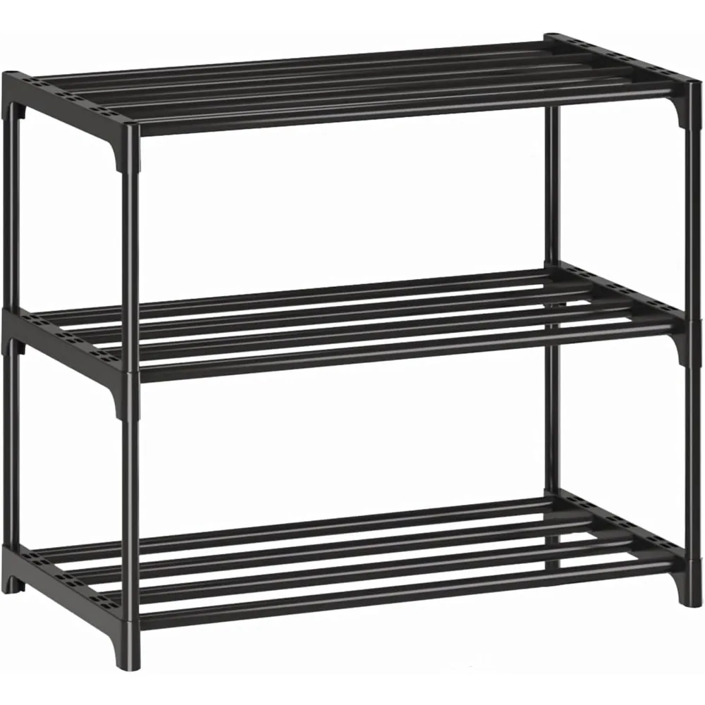 

3-Tier Shoe Rack Organizer, Black Metal Storage Shelf, Compact Stackable Design for Entryway