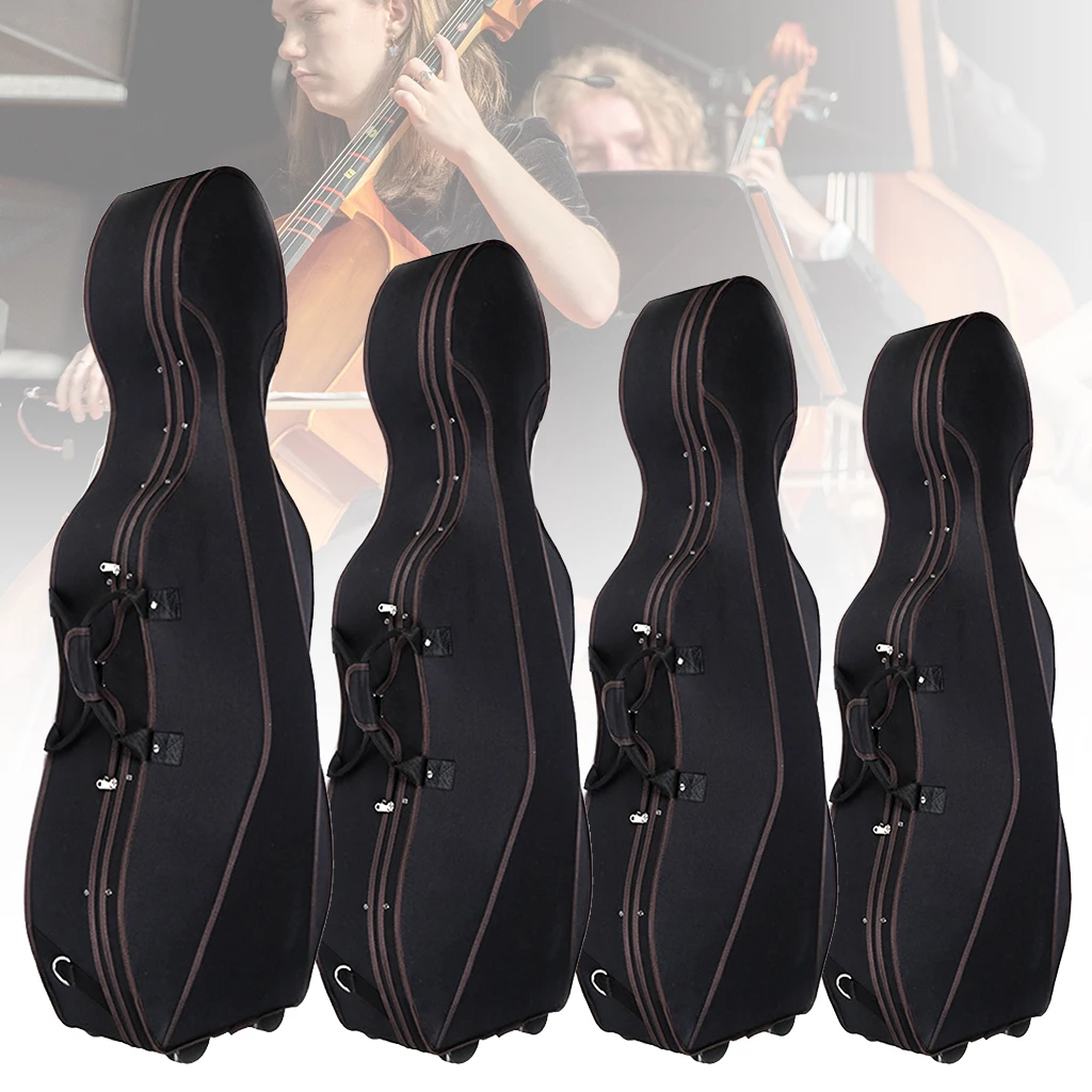 Mugig Lightweight Hardshell Cello Case With Wheels Zipper Closure Exterior Music Pocket Straps Carry Handle 4/4 3/4 1/2 1/4 Size