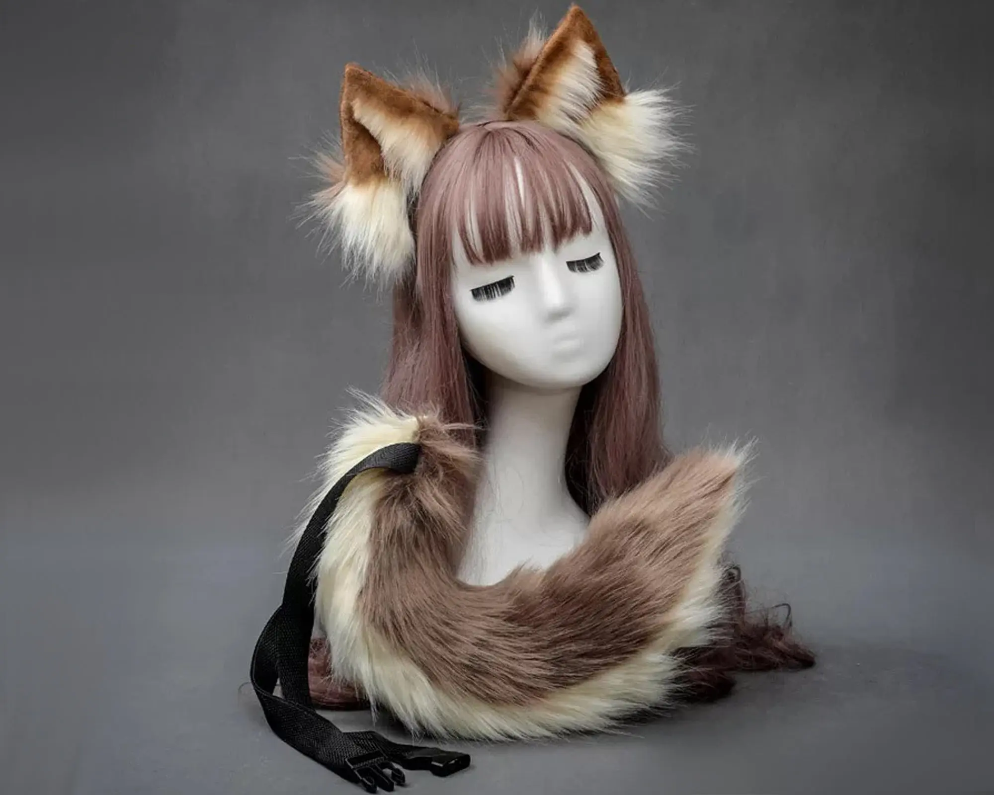 Dog ears and tail set,Furry animal ears,Wolf cosplay costume,Realistic wolf ears and tail set,Werewolf ears and tail,Brown wolve
