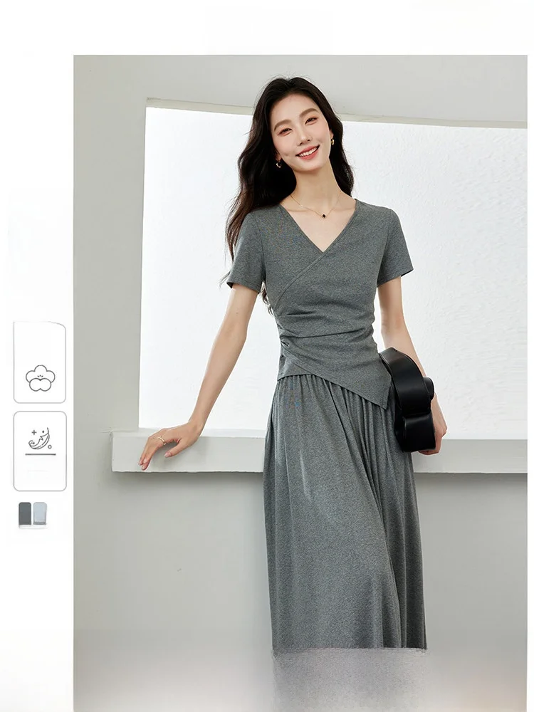 

Vimly Summer ort Sve T-irt Set Women's Ele Two-Piece Slimming Dr V-Ne Pullover Faion Ensemble