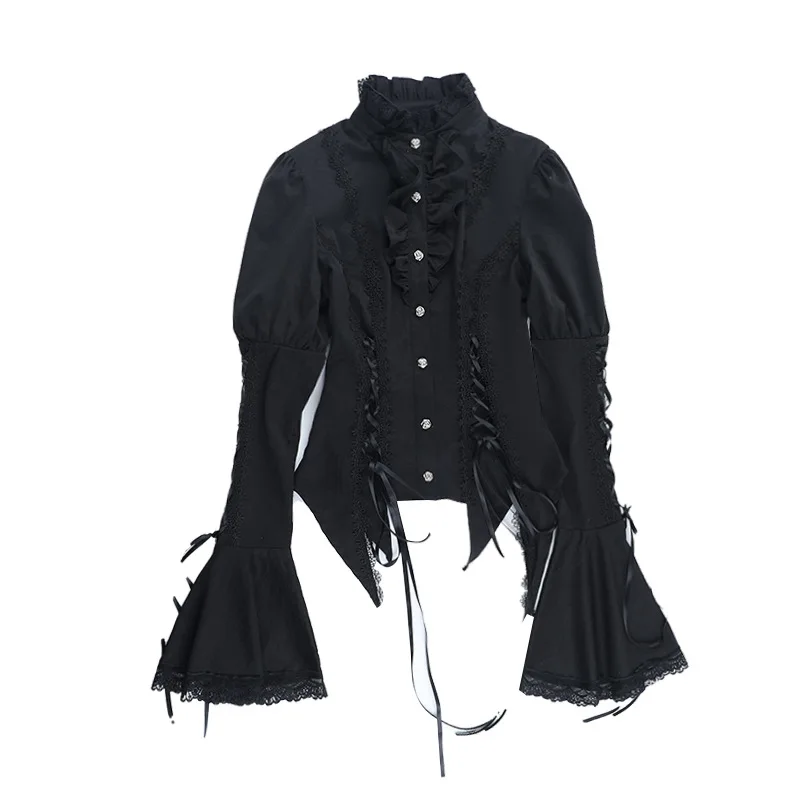 Ciemna koszulka w stylu gotyckiej lolity, damska bluzka z rozszerzanymi rękawami, golfem, wiązana, dopasowana, vintage, estetyka Y2k lat 90.