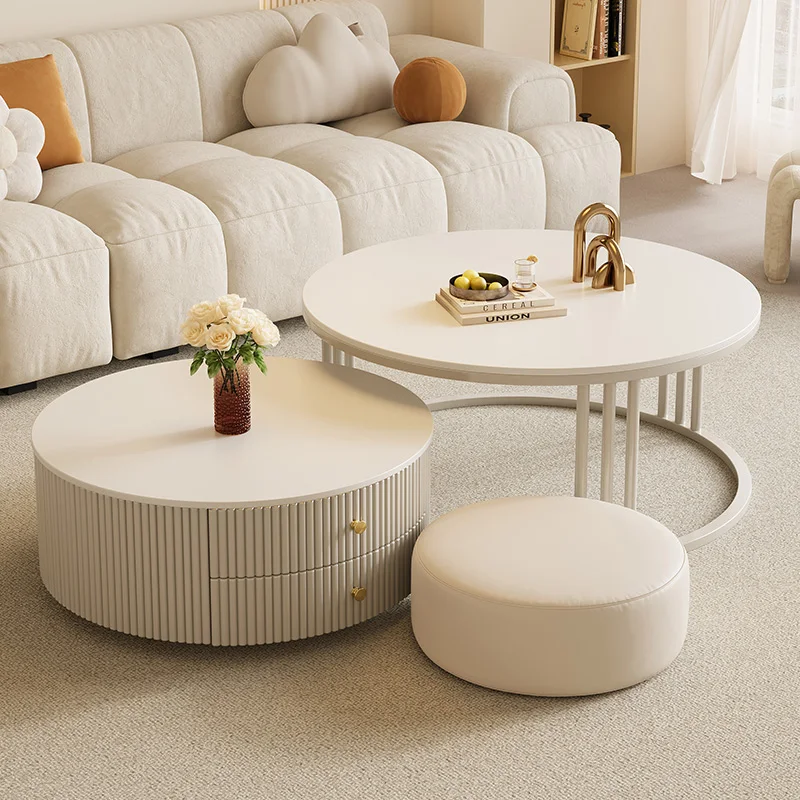 

Cream style tea table, living room, household use, 5 new, light luxury, high-end feeling, round marble rock slab tea table