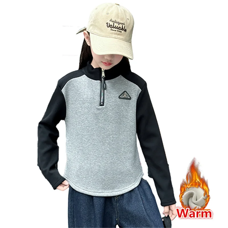 

Children Winter Insulated Half Lock Sweatshirt With Zipper For Girl Warm Thermal T-shirt Kids Causal Patchwork Fleece Lined Tops