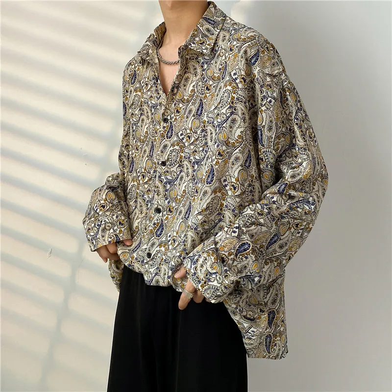 Spring Summer New Cashew Flower Print Shirt Korean style Loose Casual Long-sleeved Tee Tops All-Match Blouse Men