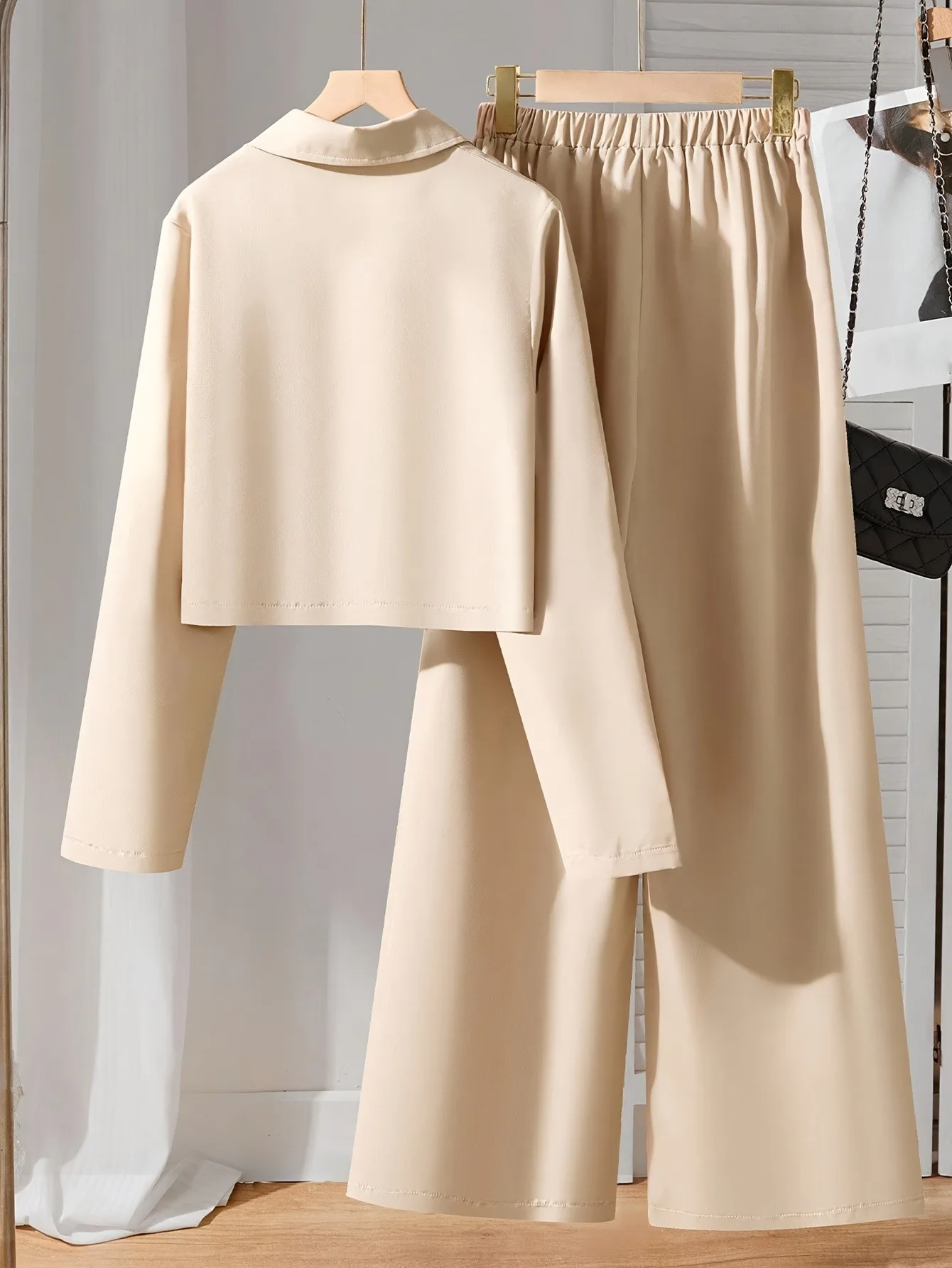 Girls 2Pcs Khaki Cropped Blazer Wide Leg Pants Set Lapel Button Suit Kids Formal School Holiday Business Casual Outfit