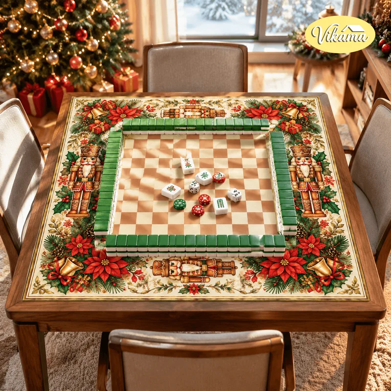 VIKAMA Classic Nutcracker Christmas Mahjong Table Cover Poinsettia Bell Holly Checkered Anti Slip Game Mat for Xmas Game Night