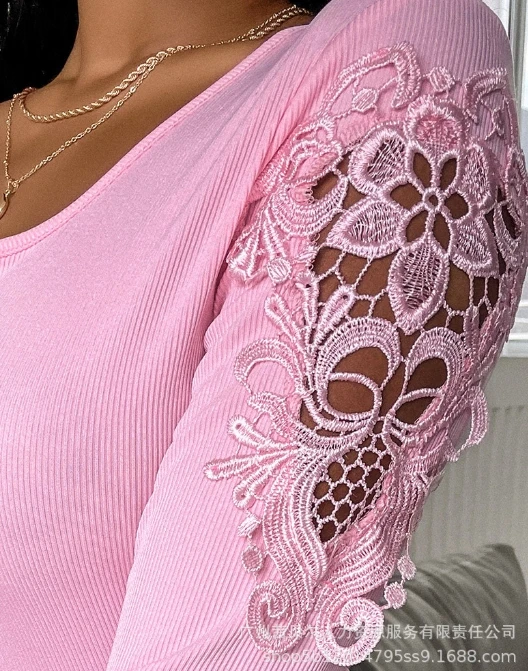 2024 Spring New Solid Color Slim Fit Lace Hollow Long sleeved T-shirt Slim Fit Sticker Top