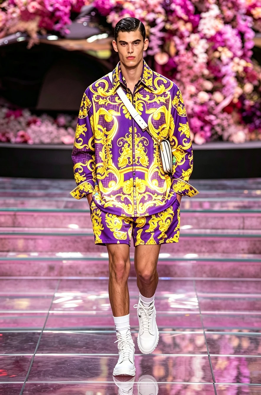 Men's Luxury Silk Polyester Premium Shirt Set with Baroque Pattern Print, Hawaiian Beach Vacation Festival Party Set, Men's Gift