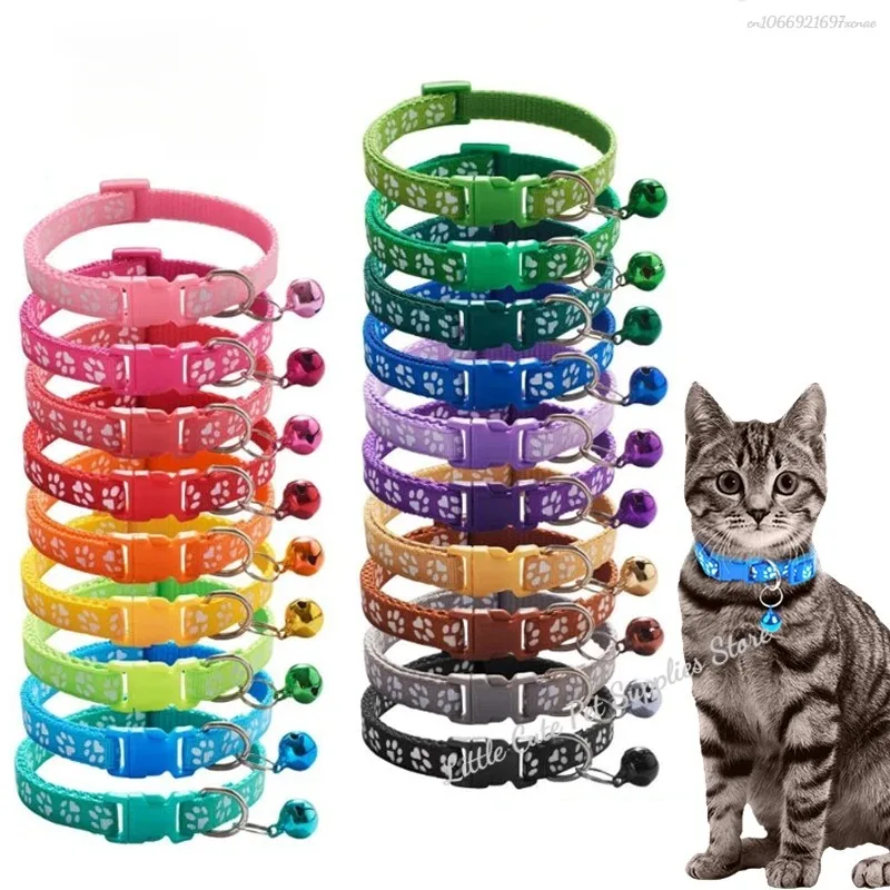 Pet Collar With Bell Cartoon Footprint Colorful Dog Puppy Cat Accessories Kitten Collar Adjustable Safety Bell Ring Necklace Pet