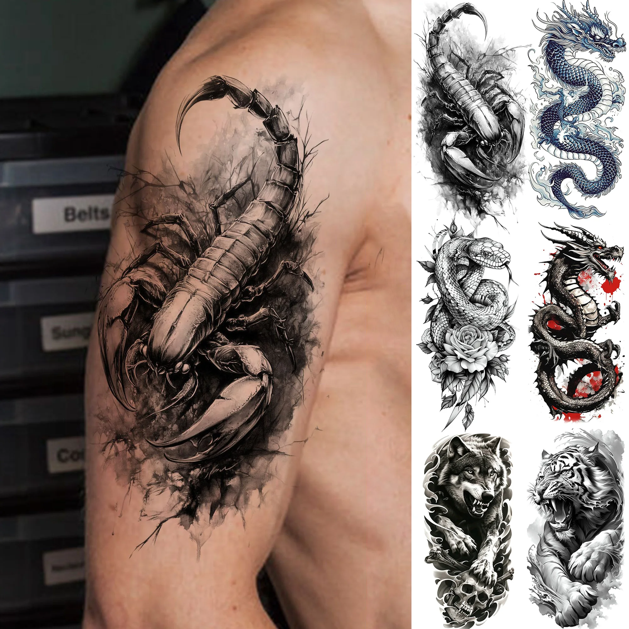 

1 Sheet Realistic Scorpion Dragon Temporary Tattoos For Men Women Waterproof Tiger Wolf Snake Fake Tattoos 3D Body Tatoo Sticker