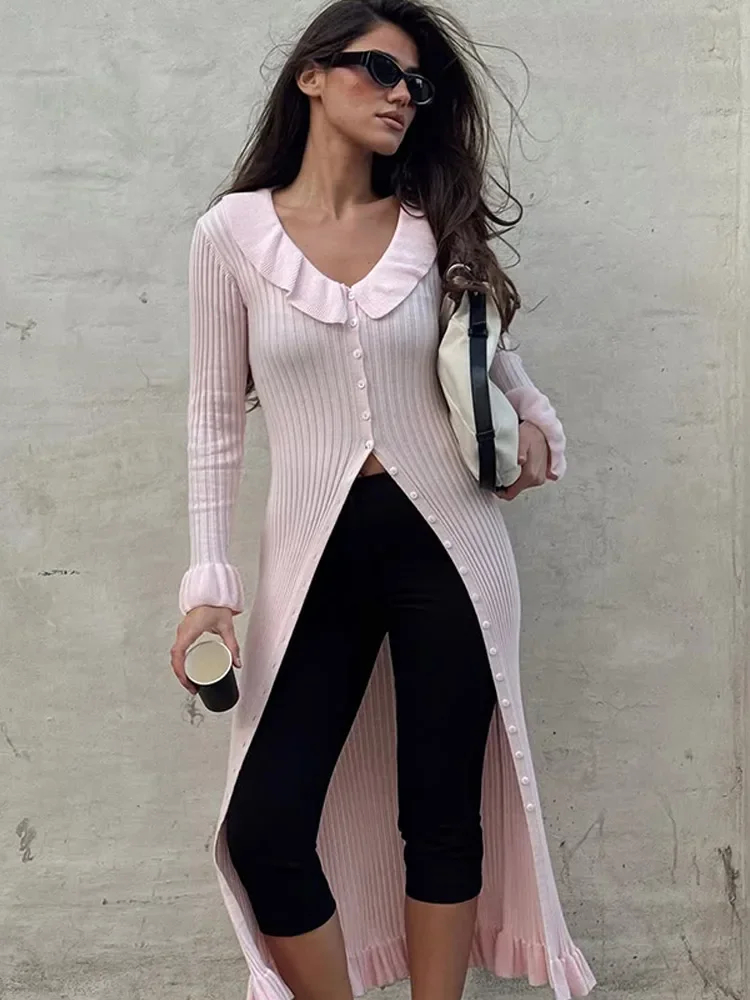 เดรสยาวถักนิตติ้งสีชมพูแฟชั่น แต่งระบาย คอวี แขนยาวทรงบาน กระดุมแถวเดียว ทรงเข้ารูป สำหรับผู้หญิง ฤดูใบไม้ร่วง