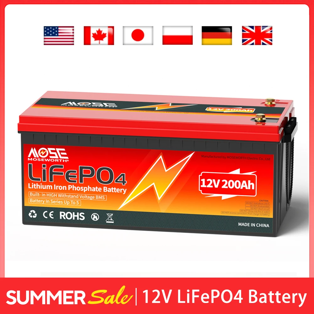 12V LiFePO4 Battery 200Ah With BMS Deep Cycle Rechargeable Power Bank For Camping RV Marine Solar System 12.8V Lithium Battery