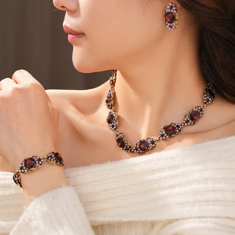 Mediaeval Vintage Rhihnestones Chokers Necklace for Women Oval Purple Flower Stud Earrings Bracelets Dedicate Banquet Jewelry M1 - view 2