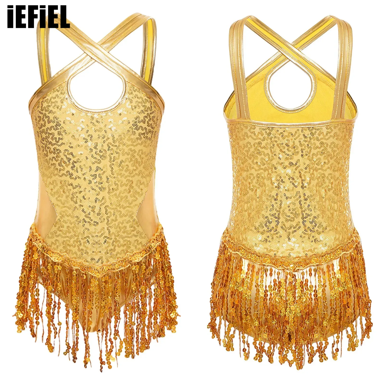 Kids Girls Latin Dance Fringed Leotard Sleeveless Cross Front Keyhole Metallic Patchwork Shiny Sequins Tassel Bodysuit