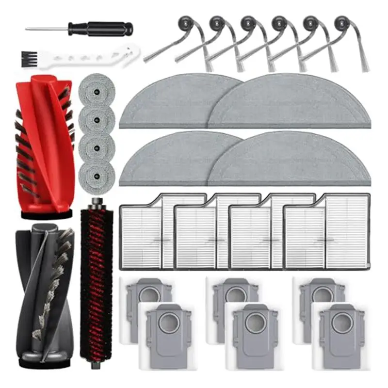 

Запасные части для робота-пылесоса Roborock Saros 10/G30: основная и боковые щетки, мешок для пыли, фильтр, салфетка для мытья полов, аксессуары.